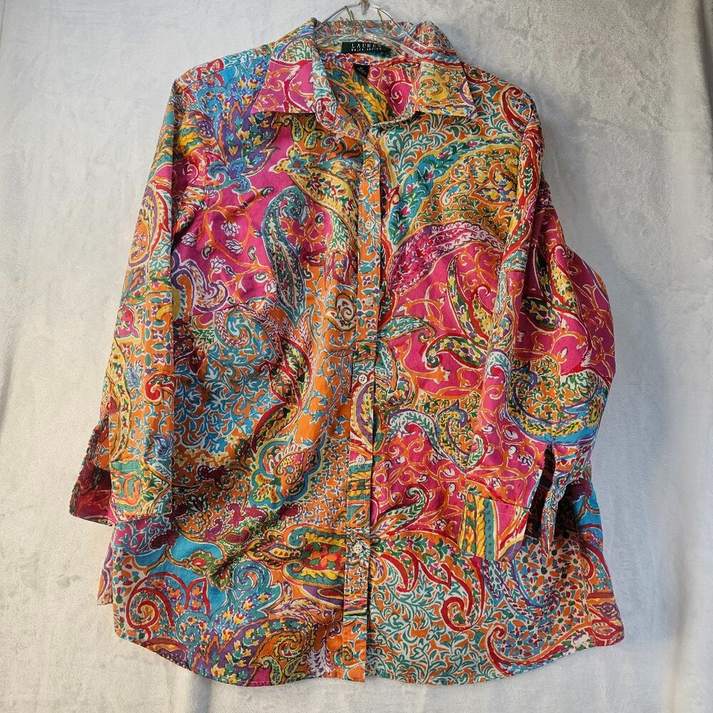 Lauren Ralph Lauren Rainbow Paisley Print Blouse 3/4 Sleeves Women Size 1x